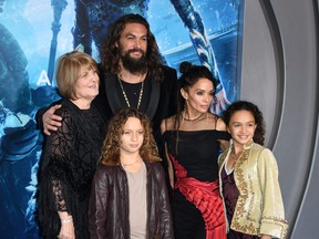 From left to right: Coni Momoa, Jason Momoa, his son Nakoa-Wolf Manakauapo Namakaeha Momoa, his wife actress Lisa Bonet and daughter Lola Iolani Momoa arrive for the world premiere of "Aquaman" at the TCL Chinese theatre in Hollywood on Dec. 12, 2018.