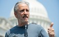 Actor and comedian Jon Stewart speaks during a press conference by members of the US House unveiling the "Honoring our Promise to Address Comprehensive Toxics Act of 2021's legislation, dealing with the effects caused by exposure to toxic substances during military service by veterans, outside the US Capitol in Washington, DC, May 26, 2021.