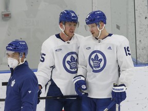 Ondrej Kase left), here chatting with Jason Spezza during a during Leafs practice in Toronto, has a chance to return to the lineup off IR during this weeks back-to-back in Vegas and Arizona.