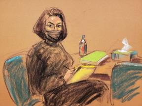 Ghislaine Maxwell turns to sketch court sketch artist Jane Rosenberg during the trial of Maxwell, the Jeffrey Epstein associate accused of sex trafficking, in a courtroom sketch in New York City, Dec. 7, 2021.