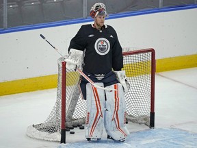 Edmonton Oiler goalie Mikko Koskinen at team practice in Edmonton on January 12, 2022.