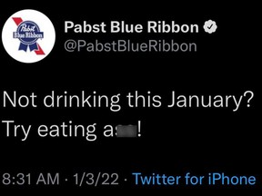 Pabst Blue Ribbon kicked off the year with this since-deleted tweet on their social media account.
