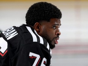 Devils defenceman P.K. Subban stretches during warm ups before a game against the Blue Jackets at Prudential Center in Newark, N.J., Jan. 6, 2022.