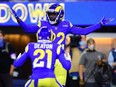 Rams defensive back David Long (22) celebrates his touchdown against the Cardinals during the first half of the NFC Wild Card playoff game at SoFi Stadium in Inglewood, Calif., Monday, Jan. 17, 2022.