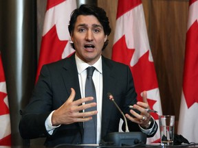 Prime Minister Justin Trudeau speaks at a news conference on the Covid-19 situation, January 12, 2022, in Ottawa.