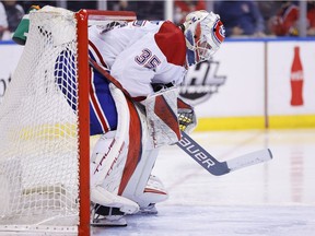 Montreal Canadiens goaltender Sam Montembeault reacts after allowing a goal against the Florida Panthers during the third period on Jan. 1, 2022, in Sunrise, Fla.