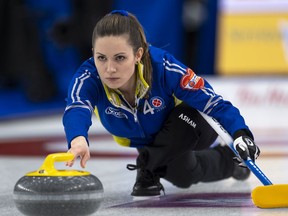 Team Alberta skip Laura Walker throws a tock during the 2021 Scotties Tournament of Hearts in Calgary. Special to Postmedia /Andrew Klaver /POOL