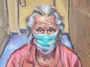 Canadian fashion designer Peter Nygard makes a brief appearance via video feed in connection with multiple sexual assault charges in a courtroom in Toronto, Canada, in this courtroom sketch Nov. 12, 2021.