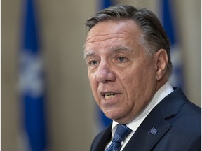 Der Premierminister von Quebec, Francois Legault, stellt den Führern der Bundestagswahl am Donnerstag, den 26. August 2021, in seinem Büro in Quebec City seine Wunschliste vor.