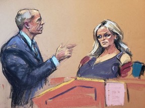 Former attorney Michael Avenatti, representing himself, cross-examines witness Stormy Daniels during his criminal trial at the United States Courthouse in the Manhattan borough of New York City, U.S., January 27, 2022 in this courtroom sketch.