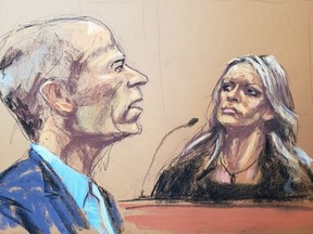 Former attorney Michael Avenatti cross-examines witness Stormy Daniels during his criminal trial at the United States Courthouse in the Manhattan borough of New York City, Jan. 28, 2022 in this courtroom sketch.