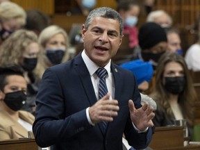 Conservative MP Alain Rayes rises to question the government during Question Period, in Ottawa, Nov. 29, 2021.