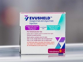 A photo taken Feb. 8, 2022 shows a box of Evusheld, a drug for antibody therapy developed by pharmaceutical company AstraZeneca for the prevention of COVID-19 in immunocompromised patients at the AstraZeneca facility for biological medicines in Sodertalje, Sweden.