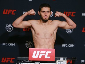 In this July 27, 2018 file photo, Islam Makhachev weighs in at the Hyatt Regency in Calgary for UFC Fight Night: Calgary.