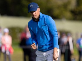 Jordan Spieth reacts to his birdie putt on the 15th green during the third round of the AT&T Pebble Beach Pro-Am golf tournament at Pebble Beach Golf Links in Pebble Beach, Calif., Saturday, Feb. 5, 2022.