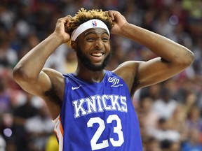 Mitchell Robinson of the New York Knicks reacts on the court during a game against the Phoenix Suns during the 2019 NBA Summer League at the Thomas and Mack Center on July 7, 2019 in Las Vegas, Nevada.