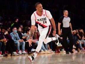 Trail Blazers forward Norman Powell reacts after scoring a three point basket against the Lakers during NBA action at Crypto.com Arena in Los Angeles, Wednesday, Feb. 2, 2022.