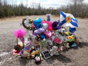 The makeshift memorial that was placed in the memory of Kristen Beaton is seen in Debert, Nova Scotia, April 23, 2020.