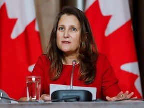 Deputy Prime Minister and Minister of Finance Chrystia Freeland speaks during a news conference in Ottawa, Oct. 6, 2021.