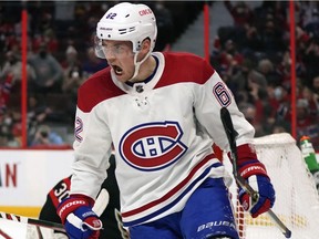 Canadiens' Artturi Lehkonen celebrates after scoring on Ottawa Senators goaltender Matt Murray during first period NHL hockey action in Ottawa on Saturday, Feb. 26, 2022.