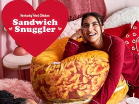 The KFC Chicken Sandwich Snuggler, a collaboration with Pillow Pets, is available for a limited time in a nod to Valentine’s Day.