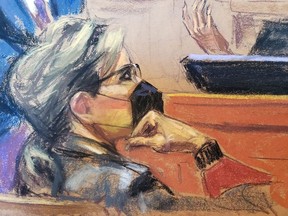 Sarah Palin, 2008 Republican vice presidential candidate and former Alaska governor, watches as Linda Cohn is questioned by defense attorney Ken Turkel during Palin's defamation lawsuit trial against the New York Times, at the United States Courthouse in the Manhattan borough of New York City, U.S., February 8, 2022 in this courtroom sketch.