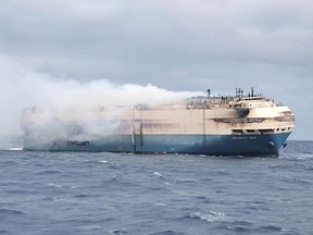 The ship, Felicity Ace, which was traveling from Emden, Germany, where Volkswagen has a factory, to Davisville, in the U.S. state of Rhode Island, burns more than 100 km from the Azores islands, Portugal, February 18, 2022. Portuguese Navy