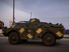 This photograph taken on March 19, 2022 shows a Ukranian armored scout car BRDM-2 in Kyiv.