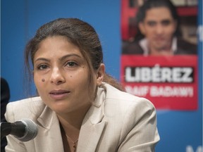 Ensaf Haidar, wife of Raif Badawi, during press conference in 2018 announcing the support of Montreal city council to have Saudi prisoner Badawi become an honorary citizen of Montreal.