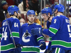 Vancouver Canucks forwards Tyler Motte (left), Conor Garland (centre) and J.T. Miller (right) have all been the subject of considerable trade speculation in recent weeks. Photo: Jeff Vinnick/NHLI via Getty Images
