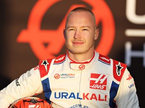 Nikita Mazepin of Russia and Haas F1 unveils the Haas F1 VF-22 Ferrari during Day One of F1 Testing at Circuit de Barcelona-Catalunya on February 23, 2022 in Barcelona, Spain.