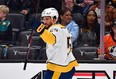 Nashville Predators defenseman Roman Josi celebrates his goal scored against the Anaheim Ducks.