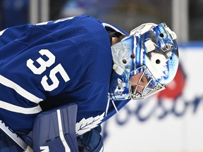Maple Leafs goalie Petr Mrazek reacts after giving up a goal against the Arizona Coyotes in the second period at Scotiabank Arena.