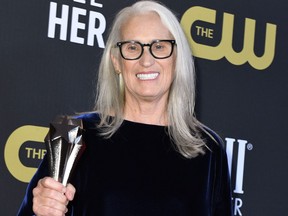 New Zealand director Jane Campion poses in the press room with the award for Best Director for "The Power of the Dog" at the 27th Annual Critics Choice Awards at the Fairmont Century Plaza hotel in Los Angeles, March 13, 2022.