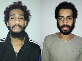 Diese Dateifoto-Kombination von Bildern, die am 11. Februar 2018 aus zwei Handout-Bildern erstellt wurden, zeigt die gefangenen Kämpfer der Gruppe des britischen Islamischen Staates (IS), El Shafee el-Sheikh (links) und Alexanda Kotey.