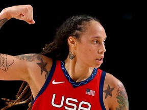 Brittney Griner of the U.S. gestures during a game against Australia at Saitama Super Arena in their Tokyo 2020 Olympic women's basketball quarterfinal game in Saitama, Japan Aug. 4, 2021.