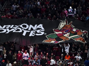 Fans hold an Arizona Coyotes banner in the stands during an NHL game at Gila River Arena in Glendale, Arizona.