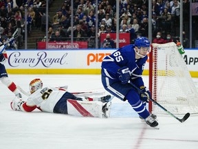 Maple Leafs' Ilya Mikheyev scores on Florida Panthers goaltender Spencer Knight during the third period at Scotiabank Arena on Sunday, March 27, 2022.