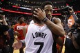 San Antonio Spurs DeMar DeRozan SG (10) hugs his former teammate Toronto Raptors Kyle Lowry PG (7) after the game in Toronto, Ont. on Saturday February 23, 2019.