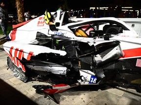 The wrecked car of Mick Schumacher of Germany and Haas F1 is pictured at the side of the track after a crash during qualifying ahead of the F1 Grand Prix of Saudi Arabia at the Jeddah Corniche Circuit on March 26, 2022 in Jeddah, Saudi Arabia.