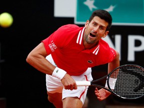 Serbia's Novak Djokovic in action during his final match against Spain's Rafael Nadal at the Italian Open in Foro Italico, Rome, May 16, 2021