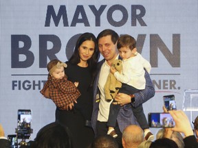 Brampton Mayor Patrick Brown with his wife Genevieve and son Theodore and daughter Savannah officially announced that he will be running for the federal Conservative leadership in a packed banquet hall in Brampton on Sunday, March 13, 2022.