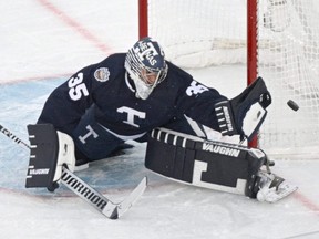 Maple Leafs goalie Petr Mrazek makes a save against the Sabres in the 2022 Heritage Classic at Tim Hortons Field in Hamilton, Ont., March 13, 2022.