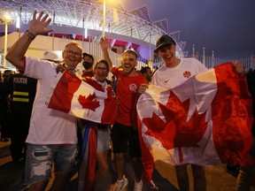 Canadian soccer fans cheer as prior to the World Cup qualifying game against Costa Rica in San Jose, Costa Rica on March 24, 2022.