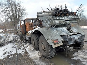 A view shows a destroyed Russian army multiple rocket launcher on the outskirts of Kharkiv on March 16, 2022.