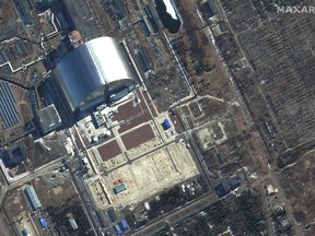 Ein Satellitenbild zeigt eine nähere Ansicht des Sarkophags von Tschernobyl inmitten der russischen Invasion in der Ukraine am 10. März 2022.