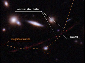 This detailed view highlights the star Earendel's position along a ripple in space-time (dotted line) that magnifies it and makes it possible for the star to be detected over such a great distance - nearly 13 billion light-years. Also indicated is a cluster of stars that is mirrored on either side of the line of magnification. The distortion and magnification are created by the mass of a huge galaxy cluster located in between Hubble and Earendel.