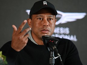Genesis Invitational host Tiger Woods speaks at a press conference ahead of the PGA Tour tournament at the Riviera Country Club in Los Angeles on February 16, 2022.