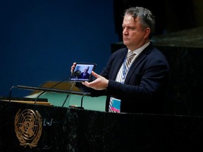 Ukrainian Ambassador to the United Nations Sergiy Kyslytsya plays a video message during the 11th emergency special session of the 193-member UN General Assembly on Russia's invasion of Ukraine, at the United Nations Headquarters in Manhattan, March 2, 2022.