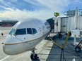 A United Airlines plane sits at a jetbridge at Los Angeles International Airport in Los Angeles, Feb. 19, 2022.